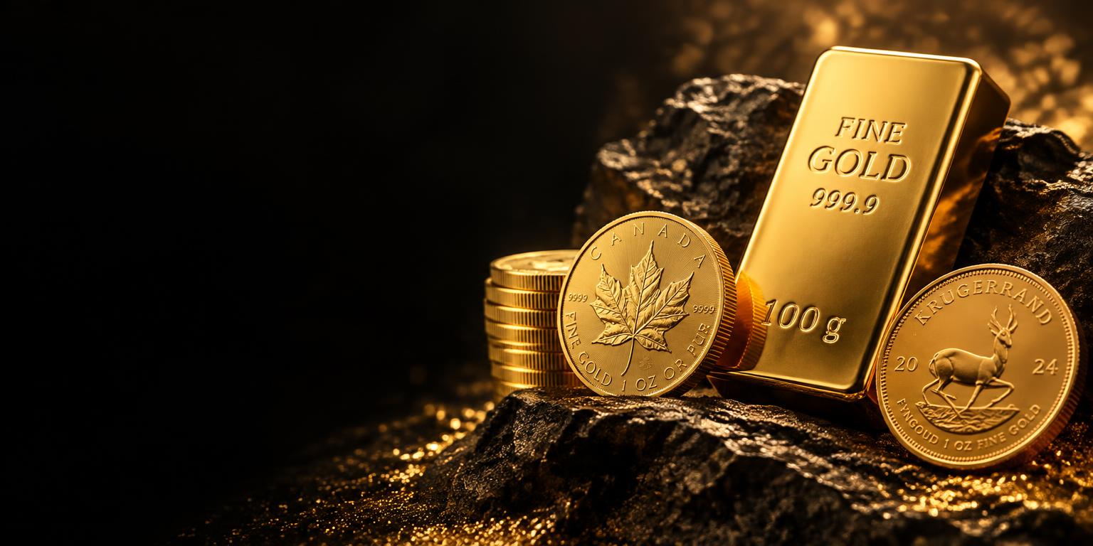 Fine gold bullion bar and Maple Leaf and Krugerrand gold coins